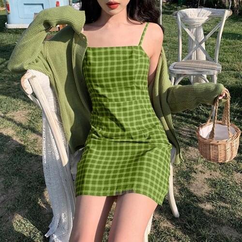 2021 Women Sweet Fashion Dress Plaid A-line Summer All Match Shoulder Strap Short Dress Sexy Ladies Slim Bodycon Elegant Party