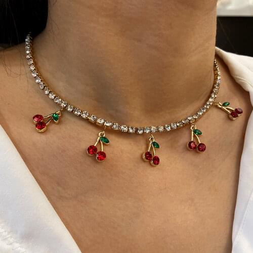 Flatfoosie Fashion Charm Red Cherry Crystal Pendant Necklace For Women Shiny Tennis Chain Necklace Jewelry Party Friendship Gift