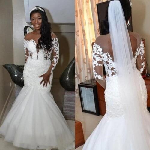 WUZHIYI White/Nude Tulle Mermaid Wedding Dress Arabic Aso Ebi Long Sleeves Lace Appliques Elegant Trumpet Women Bridal Gowns