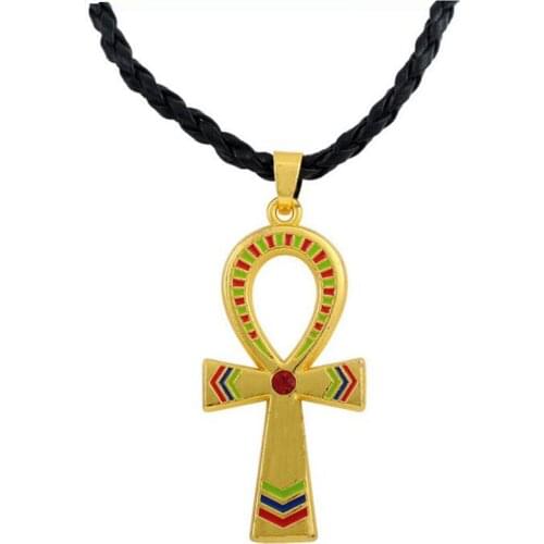 Gold Color Religious Egyptian Ankh Cross Pendant Leather Necklace