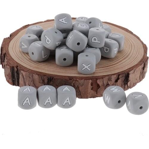 25pcs Light Gray Alphabet 12mm English Letter Bead Baby Teether Candy Color Charms Chewing Necklace Bracelet DIY Pacifier Chain