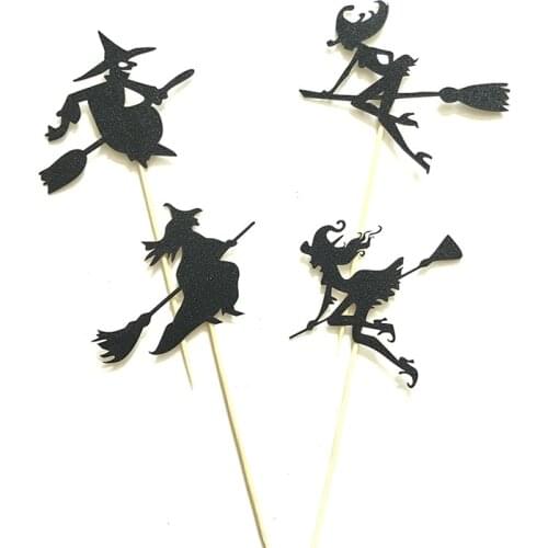 4PCS Halloween Cupcake Toppers A Witch Ride On a Broomstick Cake Inserted Card For Kids Birthday Cake Decor Halloween Supplies