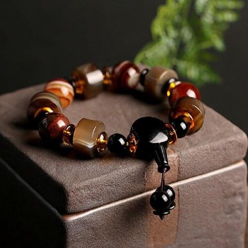 Natural Silk-Wrapped Old Agate Bracelet Domineering Single Circle Mens Abacus Bead Bracelet Ethnic Style Gift Jewelry