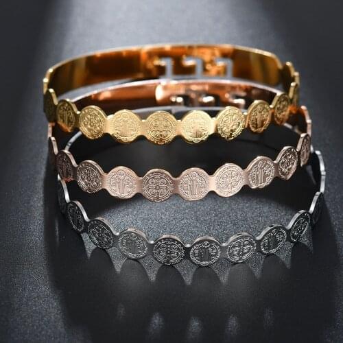 Geometric Round Jesus San Benito Bangles 3 Color Stainless Steel Saint Benedict Pulseira For Women Catholic Jewelry