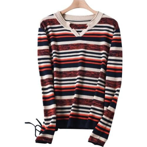 Cotton Striped Knitted Women Sweater and Pullovers V-neck Slim Long-sleeved Thin Autumn New Lady Elegant Pulls Outwear Coat Tops