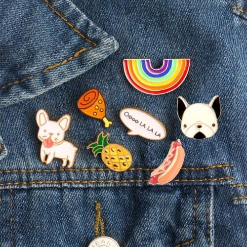 Cute Dog Brooches Rainbow Pineapple Chicken Leg Metal Enamel Badges Denim Jackets Shirt Lapel Pin For Kids Cartoon Jewelry Gifts
