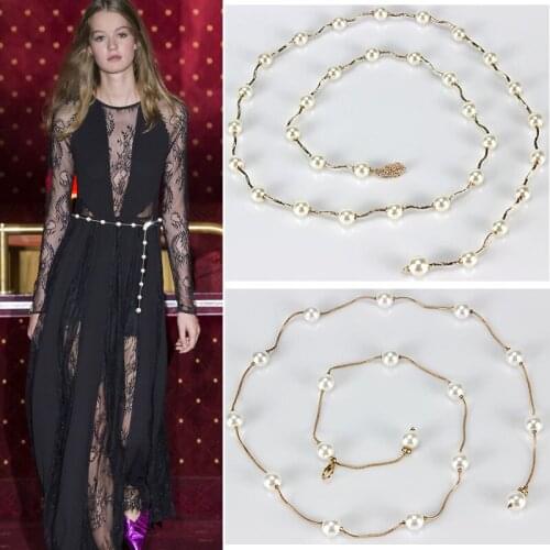 Goldliluo Fashion Pearl Chain Belt For Women Elegant Single Layer Female Crystal Dress Waist Belt Girls Strap Thin Waistband