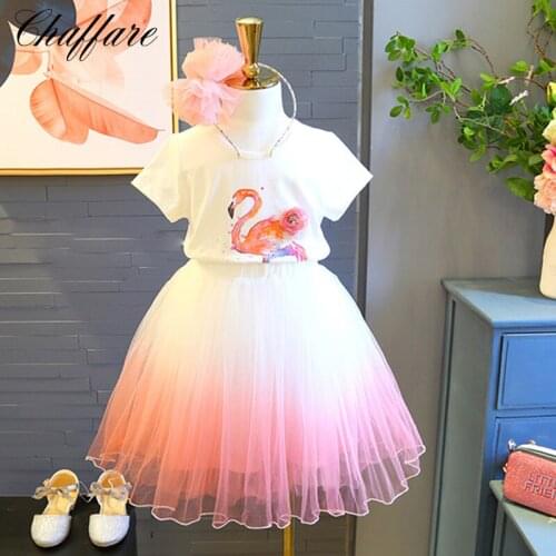 Mottelee Girls Clothing Set Kids Sets 2018 Summer Short Sleeve Flamingo White T-Shirt + Pink Skirt 2pcs Suit for Girl 3-7 Years