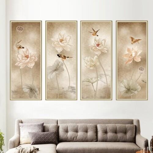 Chinese Style Lotus Wall Sticker Flower Teenager Living Room Sofa TV Backdrop Wall Decor Aesthetic Elegant Vintage Poster