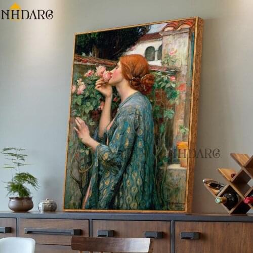NHDARC Canvas Printings Poster Rural Rose Garden woman American Retro Oil Painting Repetition Wall Picture Home Decor Art