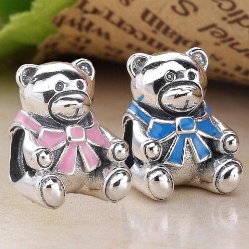 Original Pink & Blue Enamel Baby Boy & Girl Bow Bear Bead Fit 925 Sterling Silver Bead Charm Bracelet Bangle DIY Jewelry