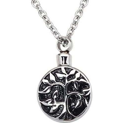 Tree of Life Cremation Urn Jewelry Necklace & Round Pendant for Ashes w/Funnel Filler Kit Black
