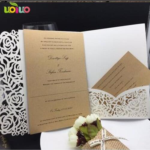 DIY customzied 50pcs rose card pocket tri-folding design+printed text Kraft paper+printed rsvp card Kraft paper