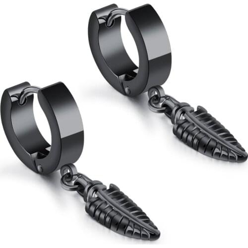 2020 New Punk Black Feather pendants Hoop Earrings for men women Fashion Small Stainless steel Piercing Earrings Hip hop Jewelry