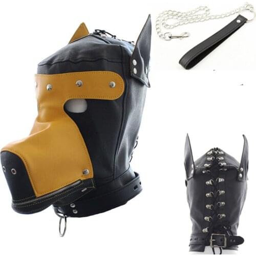 CamaTech PU Leather Full Head Dog Harness Fetish SM Dog Headgear Fully Enclosed Dog Bondage Hood Mask With Chain Leash Sex Toys