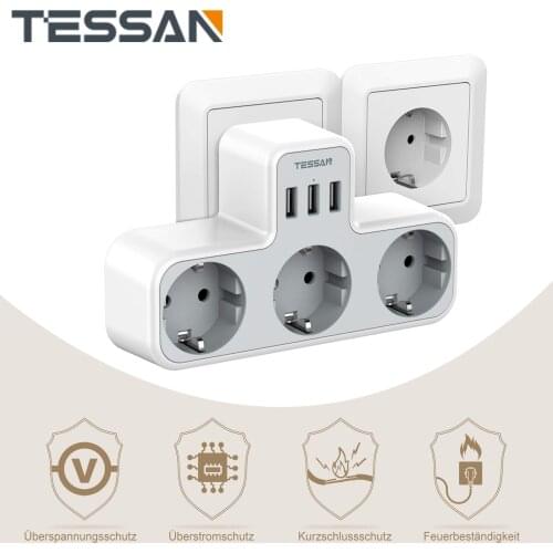 TESSAN 3-Way Socket with USB Surge Protection, 6-in-1 Socket Adapter with 3 USB Ports 5V/2.4A for Smartphone, Laptop, Camera
