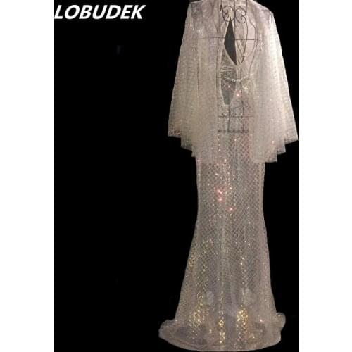 Bright Sequins White Mesh See-through Long Dress Sexy Evening Performance Singer Host Catwalk Dresses Nightclub Dance Costume