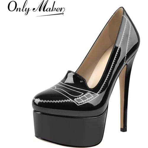 Onlymaker Womens Platform Slip-On Pumps Black Patent Leather Print Pointed Toe Shallow Thin High Heels Shoes Concise Big Size