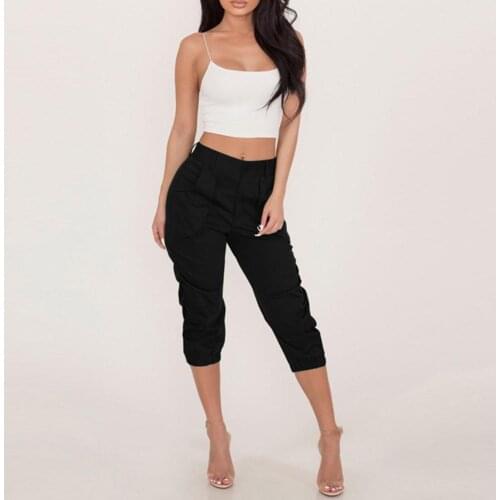 Women Summer Solid Color High Waist Pockets 3/4 Harem Trousers Cropped Pants