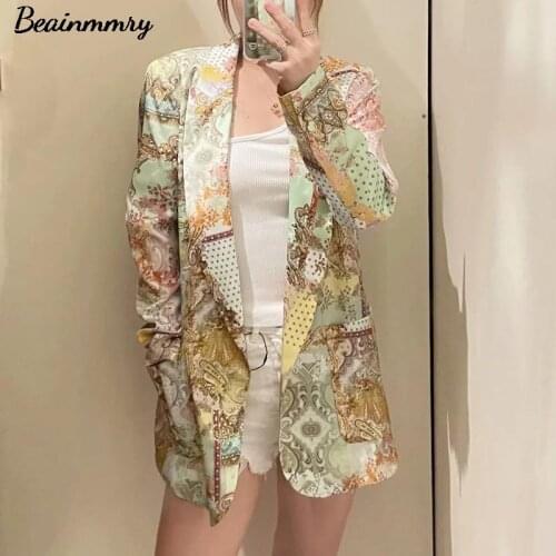 Za 2021 Blazer Women Long Sleeve Vintage Paisley Totem Print Stitching Blazer Coat Turn Down Collar Casual Chic Lady Suit Autumn