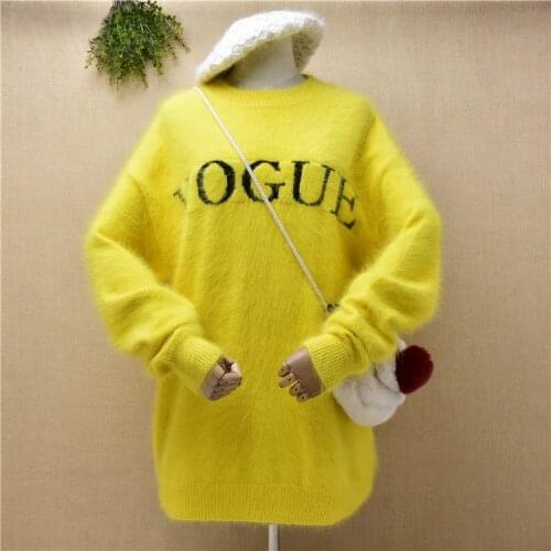 Female women hairy plush mink cashmere knitted long sleeves loose o-neck pullover angora fur winter jumper sweater dress pull