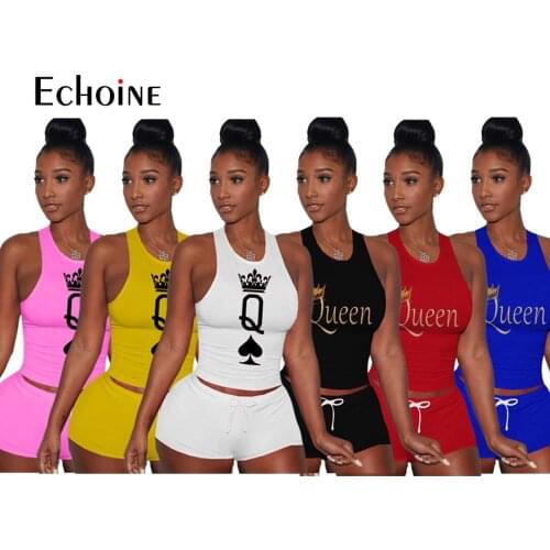 Echoine Summer Women Sports Set Print Sleeveless Vest Matching Drawstring Waist Sheath Elastic Mini Pants Two Piece Sets Outfits