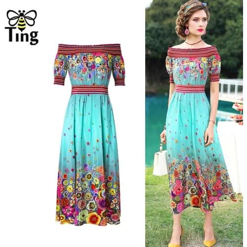 Tingfly Women Summer Bohemian Floral Printing Casual Dress Slash Neckline Casual Midi Long Beach Vacation Dresses Vestidos Robes