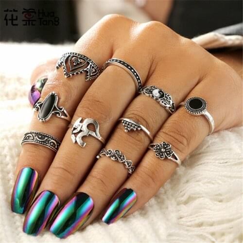 HuaTang Antique Silver Color Opals Crown Punk Rings for Women Carved Knuckle Rings Set Anel Anillos Jewelry 10pcs/set 4839