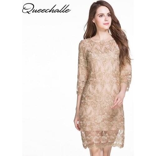 Queechalle Gold Lace Dress 2020 Autumn Dress Women O Neck Embroidery 3/4 sleeve Elegant Dress XXL 3XL 4XL 5XL Plus Size Vestidos