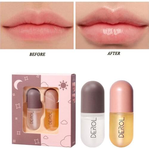 2pcs/set Day Night Lip Plumper Lip Enhancer Natural Lip Serum Moisturized Clear Sexy Lip Oil Fuller & Hydrated Lips Makeup