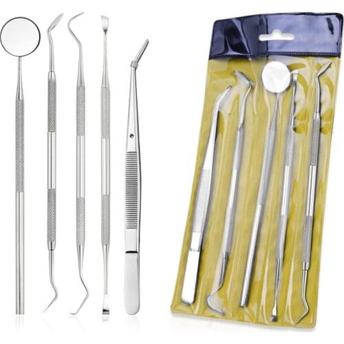 5pc/set Dental Mirror Stainless Steel Dental Dentist Prepared Tool Set Probe Tooth Care Kit Instrument Tweezer Hoe Sickle Scaler