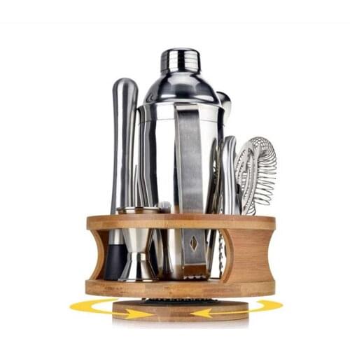 9 Pcs Stainless Steel Bar Cocktail Shaker Boston Martini Barware Drink Mixer Wine Bartender Party Tools Accessories Wooden Rack
