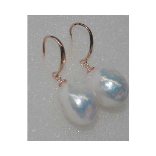 Free shipping luxury Noble jewelry Natural rare white baroque furrow 13-15mm kasumi pearl rose gold dangle earring