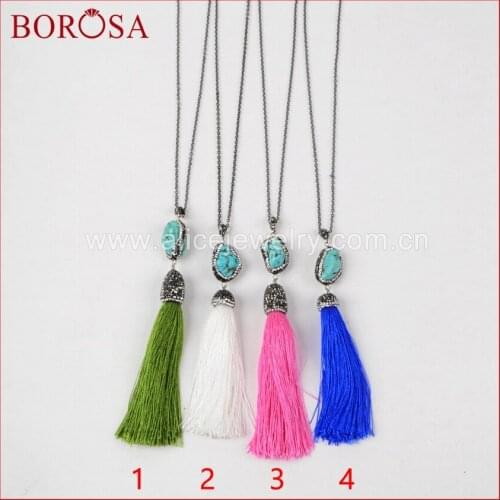 BOROSA 30'' Blue Stone Tassel Necklace Freeform Blue Howlite Stone Long Silk Tassel Link Chain Pave Rhinestone Necklace JAB586