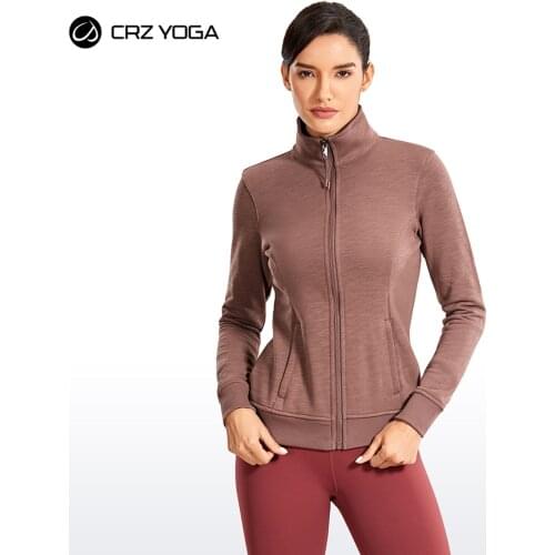 CRZ YOGA Womens Full Zip Workout Outwear Cotton Slim Fit Running Track Jacket with Pockets