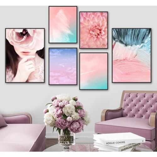 Dahlia Pink Flowers Woman Sky Cloud Wall Art Canvas Painting Nordic Posters And Prints Wall Pictures For Living Room Home Decor