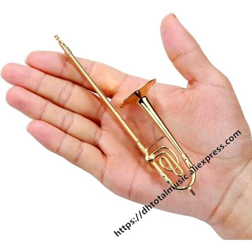Dh Mini Trombone with Stand and Case Musical Instruments Fine Goldplated Craft Miniature Trombone Home Decoration Ornament New