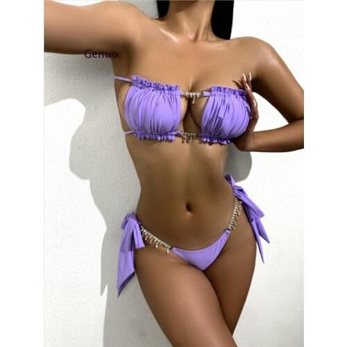 Womens 2021 Bandeau Tied Bikini Sets Swimsuit Swimwear Beachwear Summer Young Girl Bathing Suit Low Waist Push Up Holiday Hot