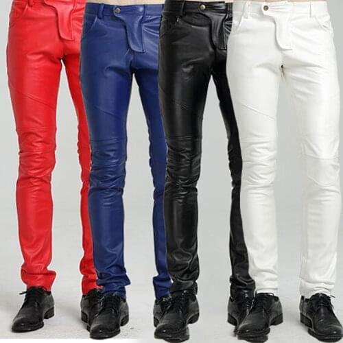 Quality PU Winter Line Sexy Red Slim Tight Male Leather Pant Men Motorcycle Black Skinny Biker Trouser Leather Jogger Blue White