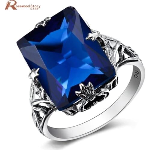 Genuine Austrian Crystal Geometric Lab Sapphire Stone Ring 925 Silver Vintage Wedding Engagement Rings For Women Fashion Jewelry