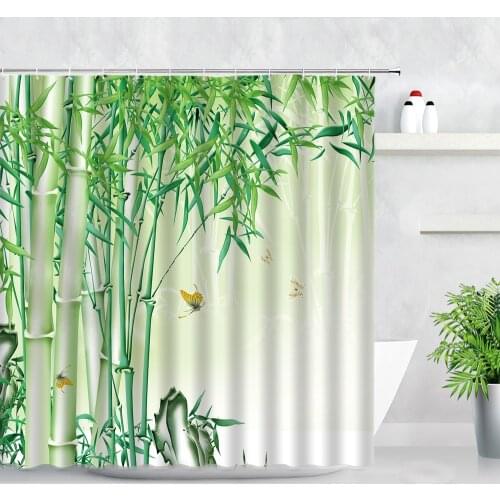 Chinese Style Bathroom Shower Curtain Set 3D Green Bamboo Butterfly Modern Home Decor Waterproof Polyester Fabric Bath Curtains