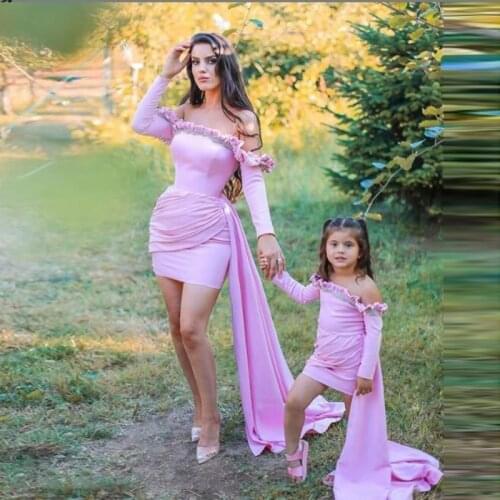 Lavender Off The Shoulder Short Prom Dresses Long Sleeves Mother And Daughter Evening Party Gowns Parent-Child Outfit