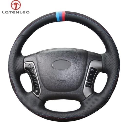 LQTENLEO Black Genuine Leather Suede Hand Sew Car Steering Wheel Cover For Hyundai Santa Fe 2006 2007 2008 2009 2010 2011 2012