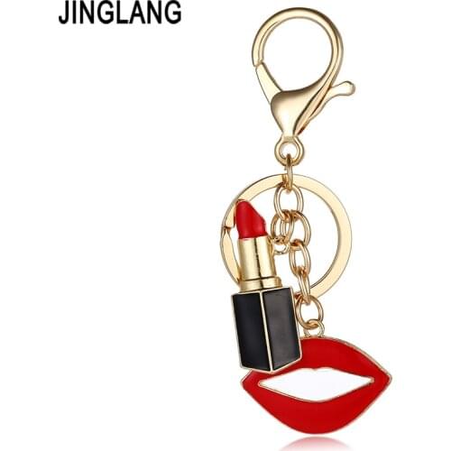 JINGLANG Fashion Gold Color Metal Keyring Dangle Red Enamel Lipstick Mix Mouth Charms Keychains For Women Luxury Handbag Jewelry