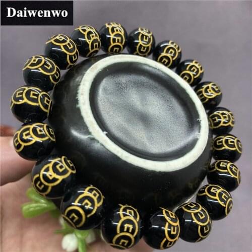 Natural Stone Golden Copper Coin Black Agate Onyx Beads Bracelet