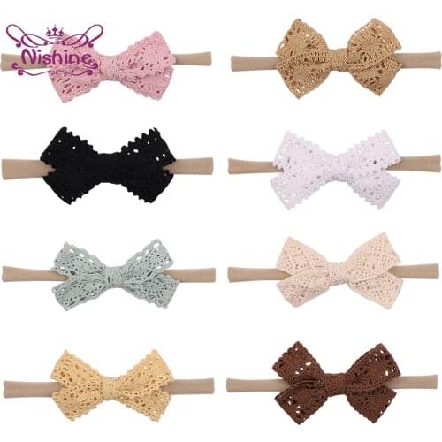 2.95 Inches Solid Color Knitting Wool Bowknot Hairband Infant Soft Traceless Nylon Headband Bows Headwear Kids Hair Accessories