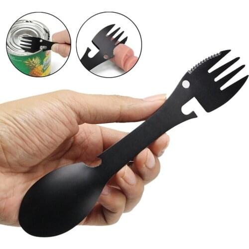 Portable Camp Tableware Multitool Bottle Stainless Steel Cutlery Flatware Utensil Fork Can Opener Spork Picnic Multi Tool Spoon