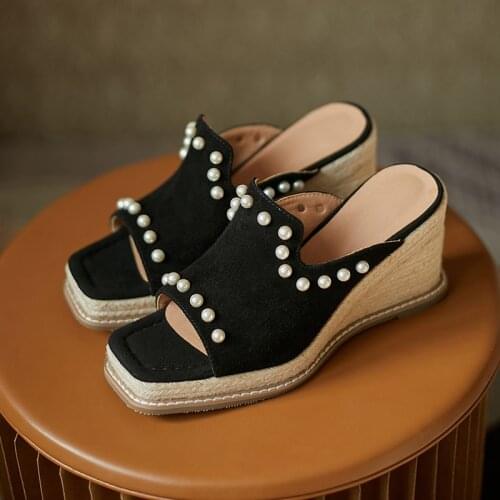 Casual Platform Shoes for Women Fashion Sheepskin Suede Peep Toe String Bead Summer Sandals Wedges Handmade Slippers High Heel