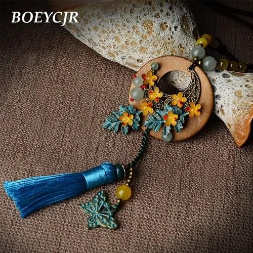 BOEYCJR Retro Ethnic Tassel Copper Butterfly Necklace Handmade Jewelry Rope Chain Stone Beads Pendant Necklace for Women