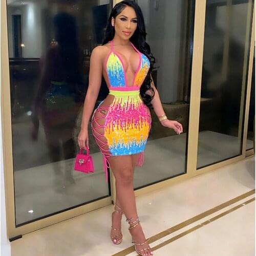 Sexy Halter V-neck Sparkly Sequin Dress Women Party Night Club Backless Lace Up Birthday Mini Bandage Bodycon Dress Vestidos